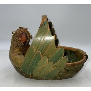 Vintage Woven Wicker Basket with Handle Bird Parrot Handpainted